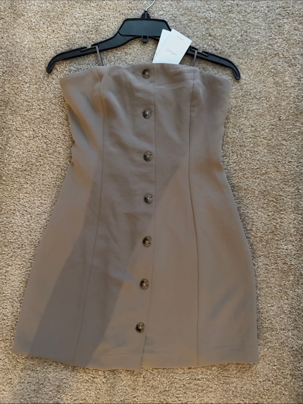 Aritzia Wilfred Taupe Strapless Button-Front Mini Dress